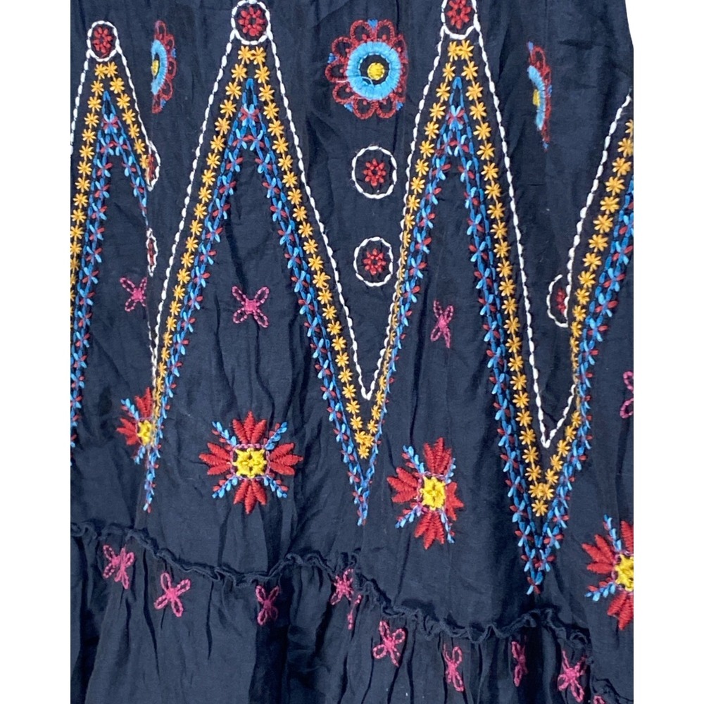 Johnny Was 3J Workshop Embroidered Silk Blend Boho Dress Black XS V-Neck Smocked - Picture 7 of 12